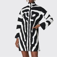 Carolina Herrera Black White Zebra Print Mini Sheath Mock Neck Long Slv Dress L