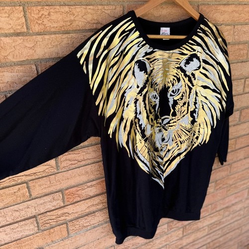 70s 80s Nancy Scott 3/4 sleeve metallic gold white tiger graphic sweatshirt top - Picture 8 of 10