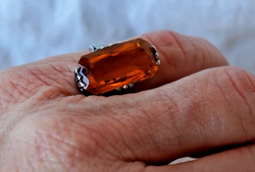 Vintage Sterling Silver Cocktail Ring Amber Glass Faceted Sz 5 Filigree