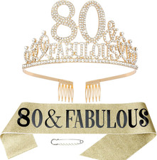 Gold 80th Birthday Tiara Sash Set, Happy 80th - Fabulous Decorations