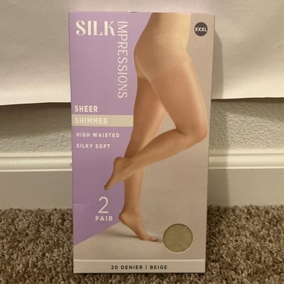 Silk Impressions XXXL 2 Pair 20 Denier Beige Sheer Shimmer High Waist Pantyhose
