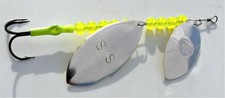 Pkg of 1 each Double Blade SKS Salmon Trolling Spinner/Silver w/Chartreuse Beads