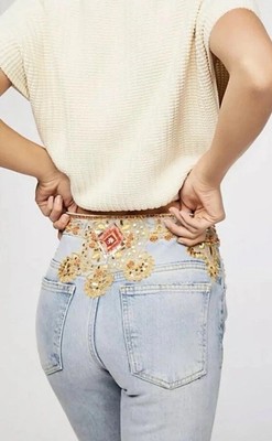 Free People Novelty Embellished Beaded Sequins Button Fly Straight Jeans SIZE 29