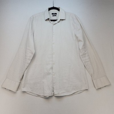 Hugo Boss Dress Shirt Men L White Micro Dot Slim Fit Two Ply Long Sleeve Cotton