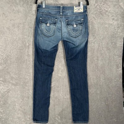 True Religion Skinny Jeans Womens 28 Dark Wash Contrast Mega T Stitch Distressed