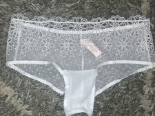 NeW Vs Floral Lace Flocked Mesh Cheeky Panty Size Medium White