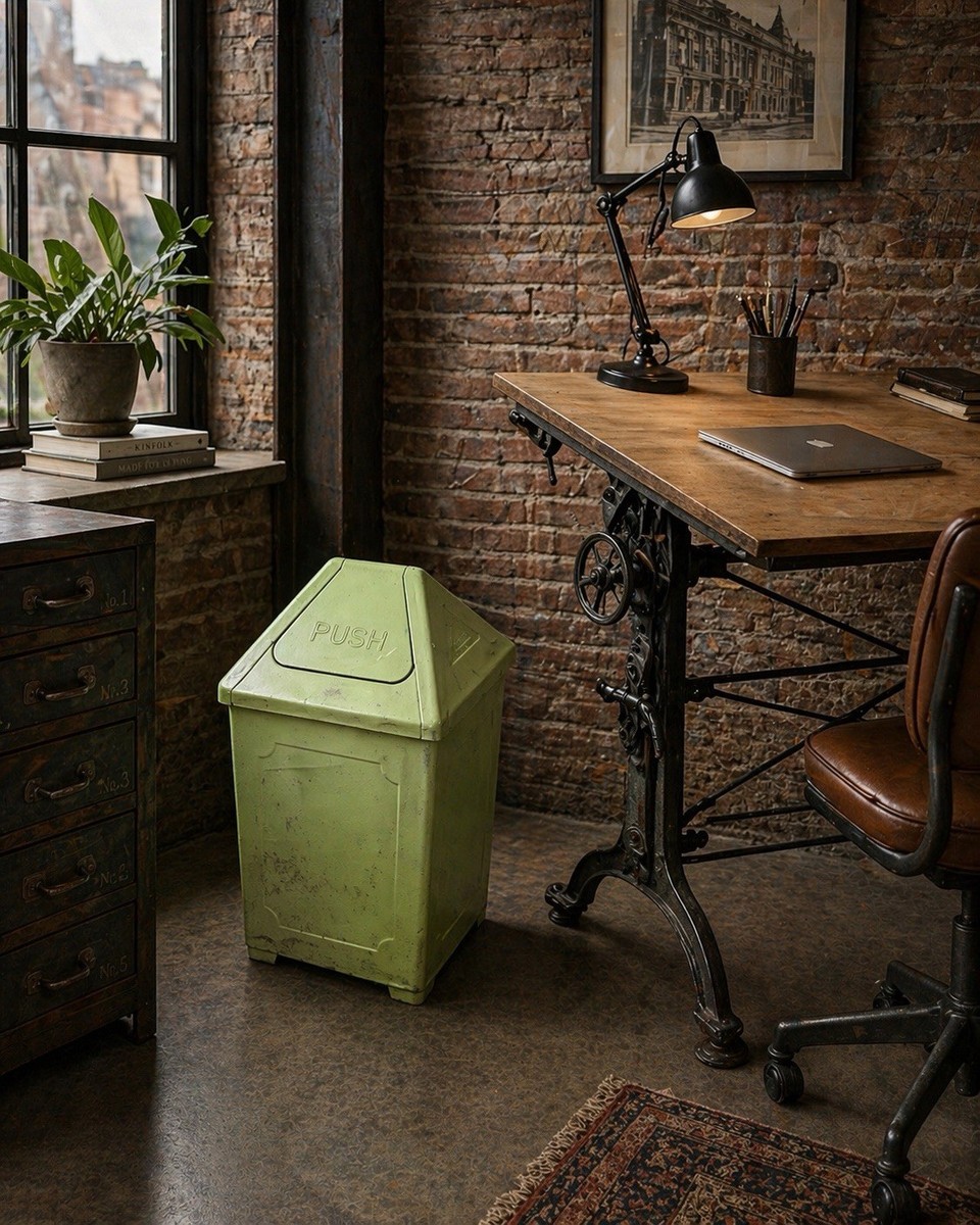 1950s VTG Antique J Wood Industrial Metal Waste Trash Garbage Can