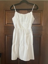 EXPRESS Women's Dress MEDIUM White Ruched Tiered Poplin Mini Summer Beach Preppy