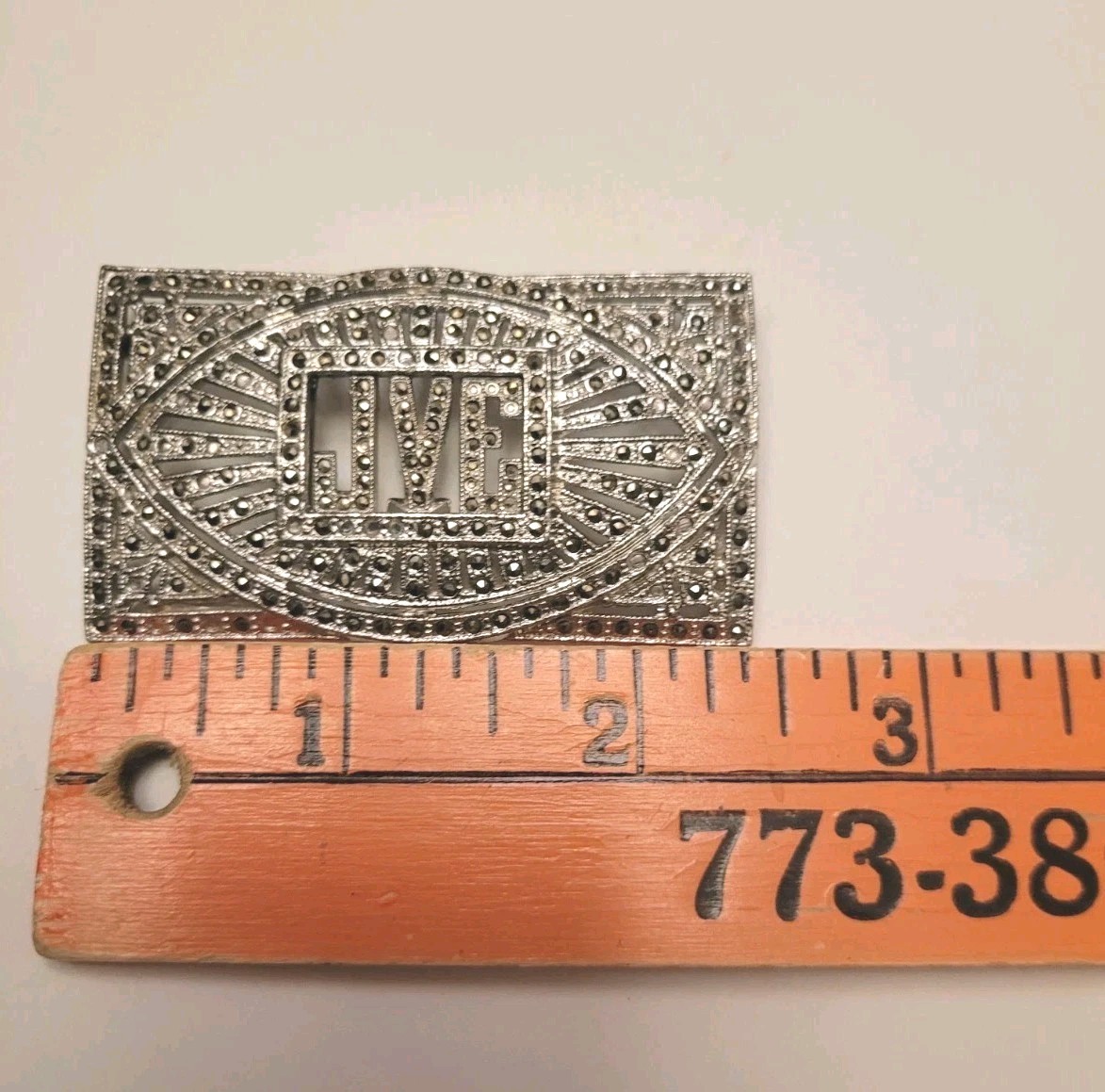 Marcasite Rectangle Pin Initials JVE Silvertone M… - image 5