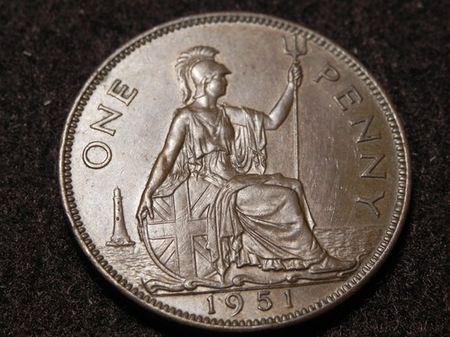 Great Britain 1951 penny KM 889 choice brn  AU-unc Mintage of only 120,000!
