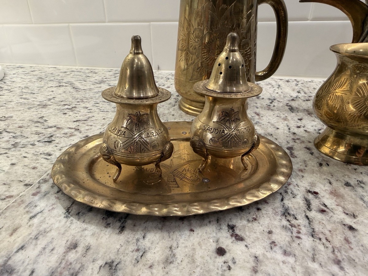 Saudi Arabian Brass- 9 Piece Lot, Teapot, 6 Cups, Tray