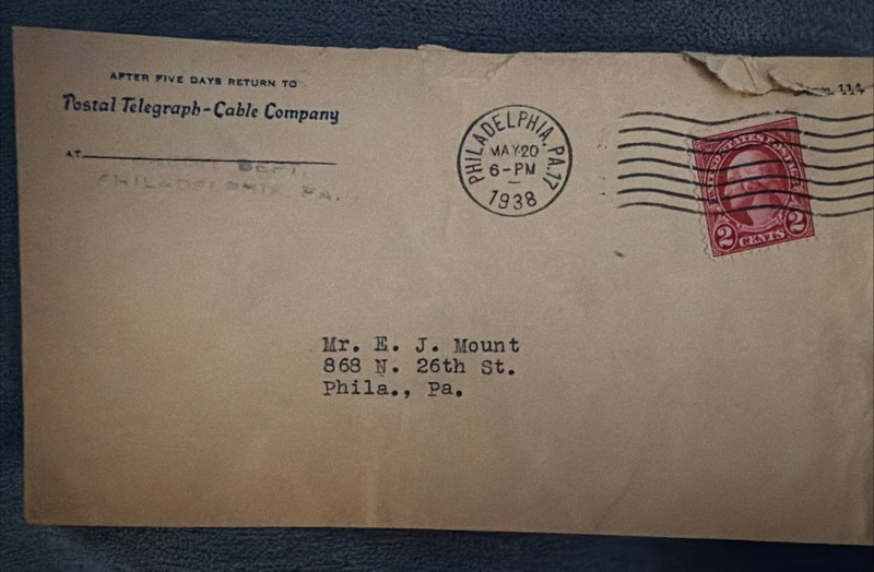 1938 Postal Telegraph Cable Co Credit Dpt E J Mount 868 N 26th St Philadelphia