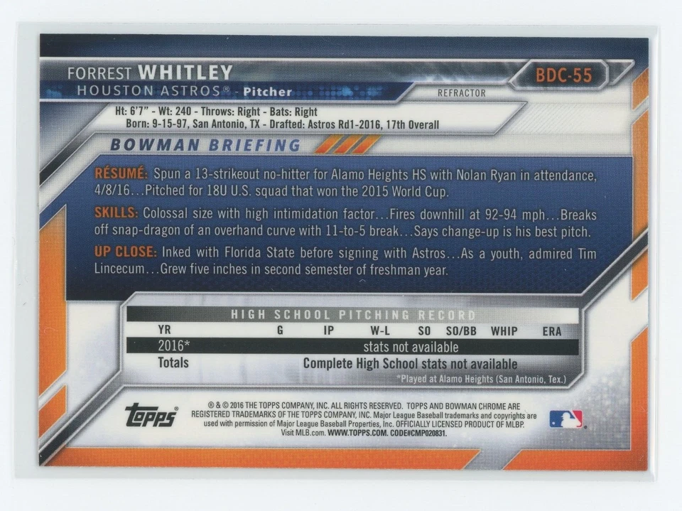 FORREST WHITLEY 2016 BOWMAN DRAFT CHROME - 1ST BOWMAN REFRACTOR #BDC-55 ASTROS - Image 2 of 2