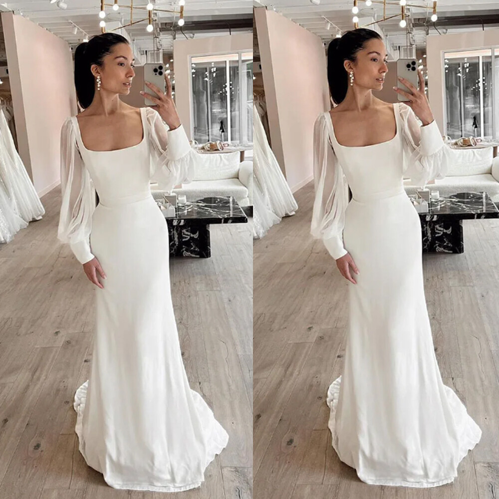 Elegant Wedding Dresses For Woman Long Sleeves Square Neck Satin Bridial  Gowns | eBay