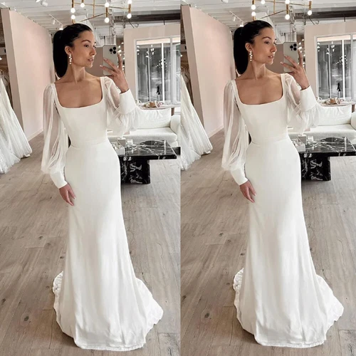 Elegant Wedding Dresses For Woman Long Sleeves Square Neck Satin Bridial  Gowns | eBay