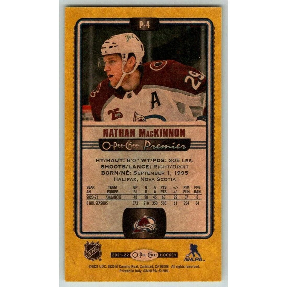 2021-22 O-Pee-Chee Premier Tallboys #P-4 Nathan MacKinnon Colorado Avalanche - Image 2 of 2