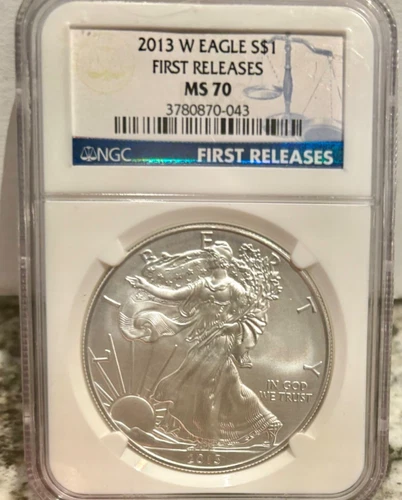 ~2013-W~AMERICAN SILVER EAGLE~NGC~MS70~”FIRST RELEASES”~BLUE LABEL”~FLAWLESS!~