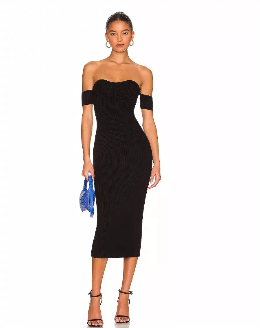 Helmut Lang Ribbed Off The shoulder Black Contour Midi Dress Eur M U.S. XS eBay