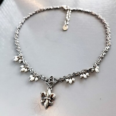 Fluer De Lis Sterling Silver 925 With Freshwater Pearl Necklace Length 16''+1.5''
