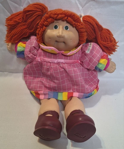 Cabbage Patch Kid 1980s Plaid Pink Rainbow Dress Red Hair, Green Eyes Doll "99"