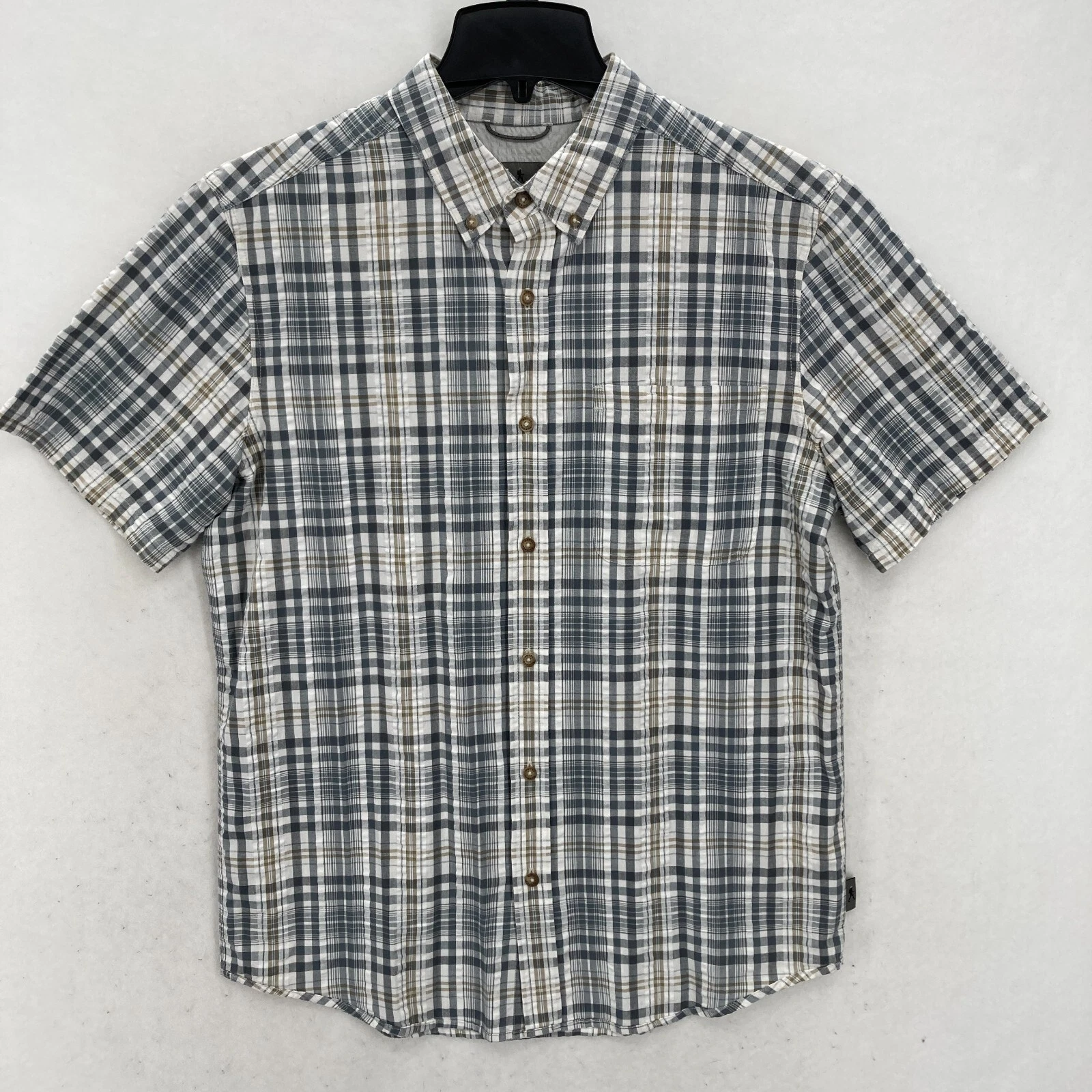 Royal Robbins Seersucker Button Down Short Sleeve Shirt Mens Medium Gray Plaid