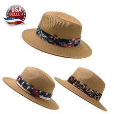 C.C Summer short Brim Panama hat Fedora Flat Brim Beach Sun Printed Trim Band