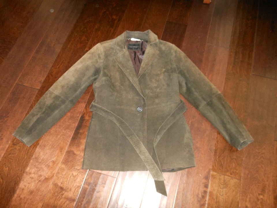 Preowned EXPRESS Suede Belted Mid Length Coat Jacket Size S Dark Faded Brown - Image 2 of 4