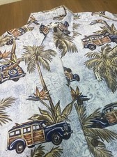 Koko Island Mens M Palm Floral Woody Car Surf Short Sleeve Hawaiian Shirt