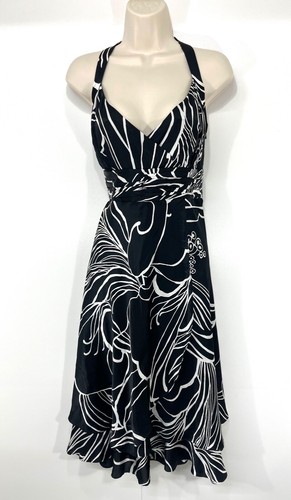 MONSOON Black White Floral Pure SILK Women's Fit & Flare Halter Neck Dress UK 14