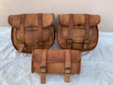 3 Side Saddle Bag Saddlebags Bags Tool Motorcycle Leather Pouch Panniers Brown