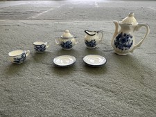 Doll Size Porcelain Tea Party Set White w/ Blue Floral Pattern 15-Pieces