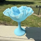 VTG Fenton Persian Medallion Blue Milk Satin Glass Compote Ruffled Edge Pedestal