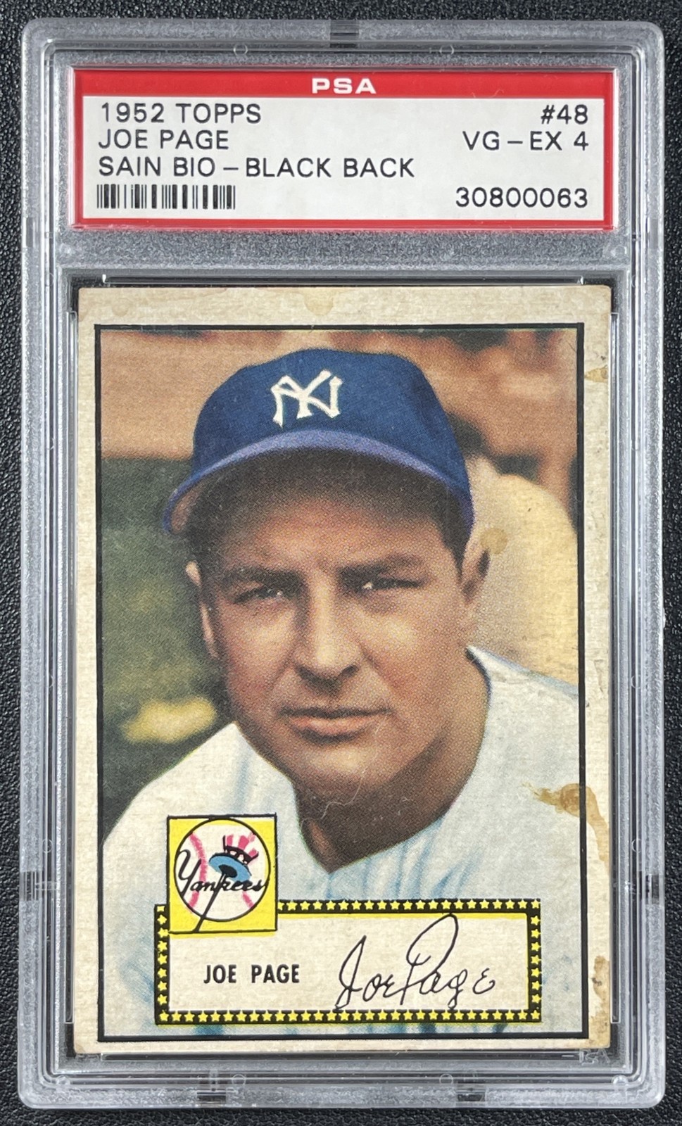 JOE PAGE PSA 4 1952 TOPPS BASEBALL #48 SAIN BIO BLACK BACK VINTAGE VG-EX YANKEES