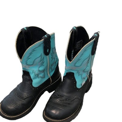 Justin Girls Gypsy Western Boots Black/Turquoise Pull-On Mid-Calf Round Toe 6
