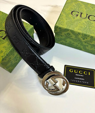 Gucci unisex Black Leather GG Pattern Waist Belt w/ Silver-Tone GG Buckle