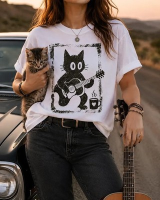Vintage Guitar Kitty Shirt, Cozy Cat Music Tee, Cute Acoustic Cat Graphic T-Shir