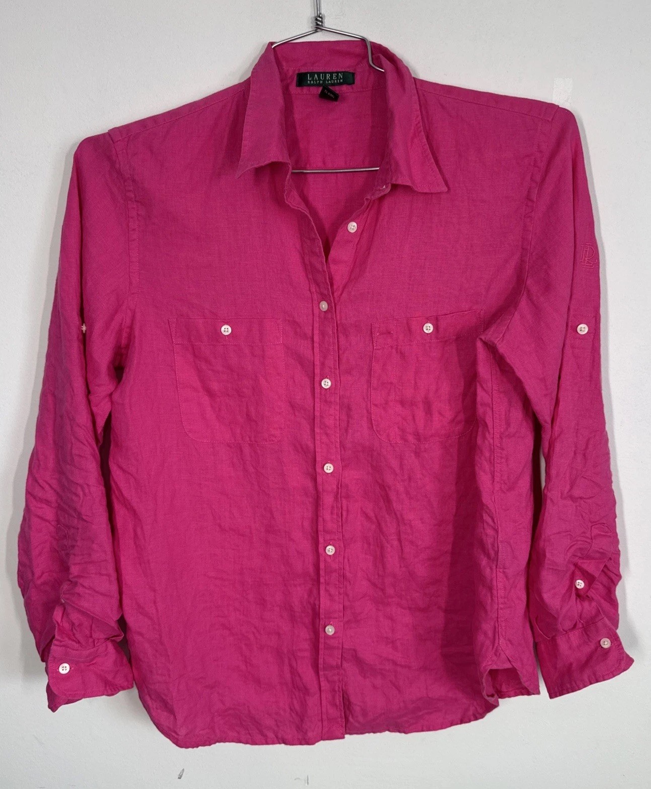Lauren Ralph Lauren Hot Pink Long Sleeve 100% Linen Button-Up Shirt Women's L