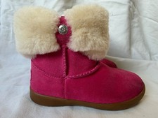 Pink Girls Ugg Boots with Faux Fur Top; Suede; Side Zipper; Brown Soles