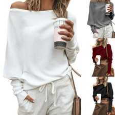 Women One Shoulder Knit Sweater Long Batwing Sleeve Oversize Warm Knitwear Tops