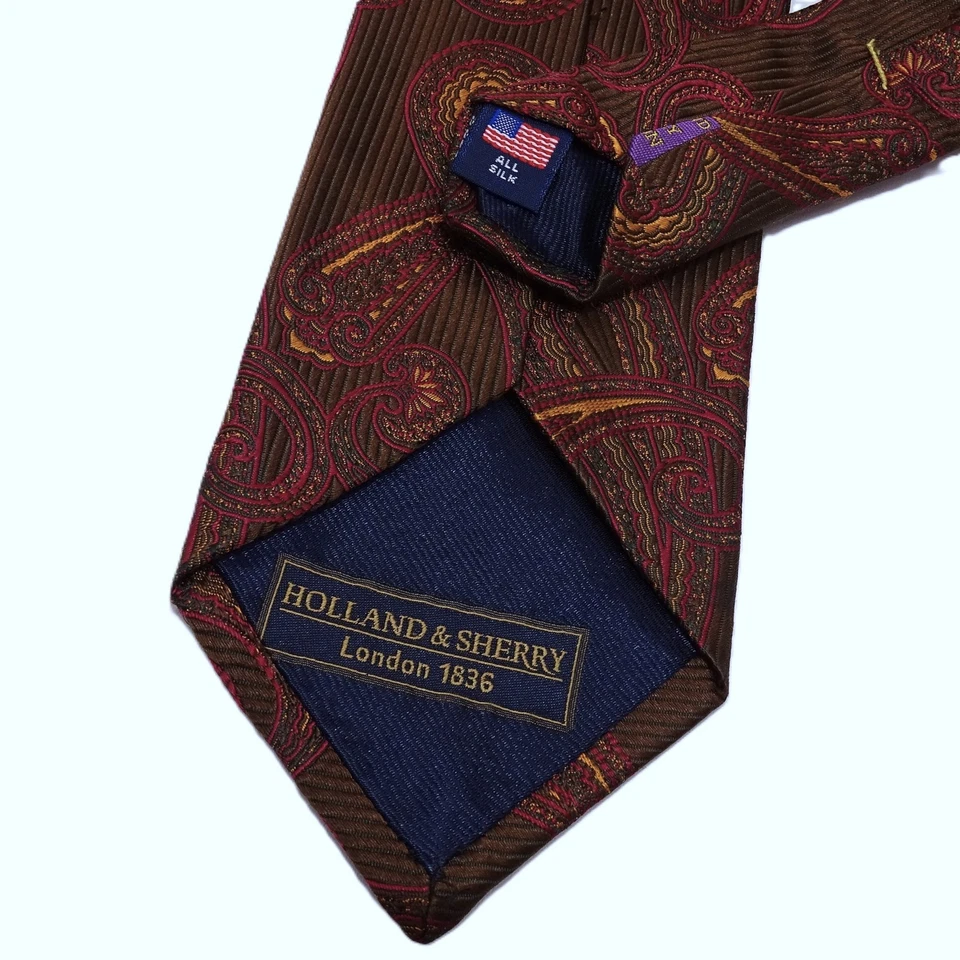Галстук шелковый Holland & Sherry London пейсли коричневый красный пурпурный золотой ручной работы сделано в США - Изображение 3 из 4