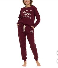 Keith Haring Women's Soft Fleece Lounge Set Long Sleeve Crew  Joggers Red Large