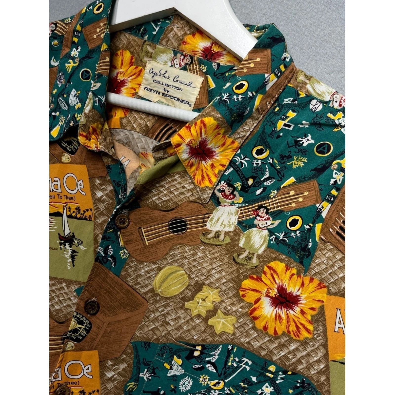Vtg Reyn Spooner Agustin Corral Hawaiian Shirt XL Rayon Hula Ukulele Aloha Oe