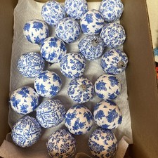 Chinoiserie Style Fabric Covered 2 In Christmas Ornaments Silver Color Cap