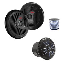 Pyle 4-Channel Marine Bluetooth Controller, 2x 6.5" 150W Black Speakers, Wire