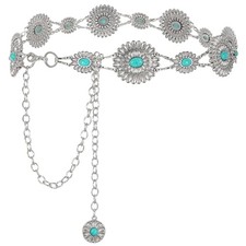 Women Concho Chain Belt Fit Waist up to 43" A-silver Chain-green Turquoise