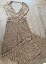 American Eagle small S Tan Crochet Knit Halter Neck Wide Leg Jumpsuit