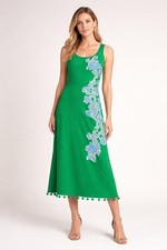 Badgley Mischka Green Floral Print Midi Dress Sz 4 NWT Tassels Flare A-line $650