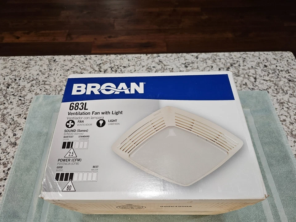 BNIB BROAN BATHROOM VENTILATION FAN WITH LIGHT 80CFM 2.5SONES  - Image 2 of 4