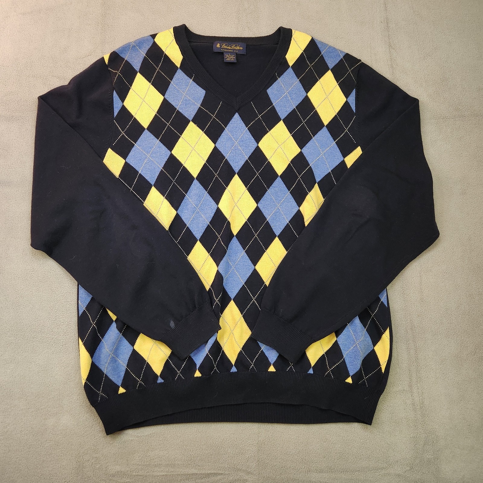 Brooks Brothers Sweater Men's L Blue Yellow Argyle Cotton Silk Cashmere V-Neck