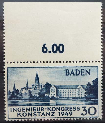 1949 Baden, 30 Pf Konstanz I vom OR, vorgefalten, **/MNH, MiNr. 46 I, ME 26,-